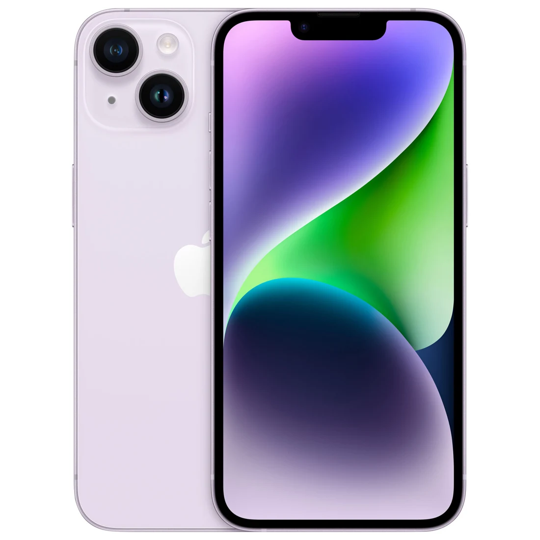 iPhone 14 in Purple, front and rear product photo